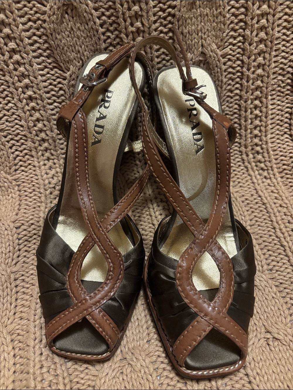 Prada Brown Leather and Dark Brown Satin Crisscross Slingbacks